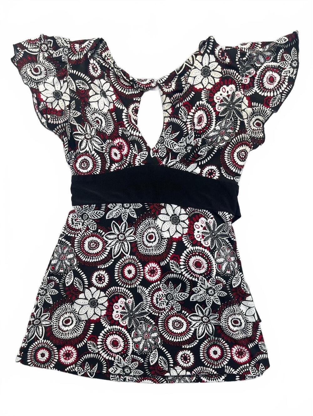Y2K Floral Medallion Flutter Sleeve V-Neck Keyhole Top Empire Waist Red Black
